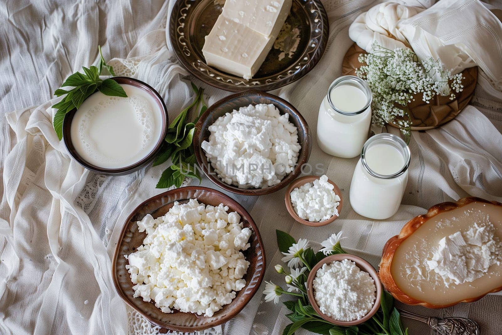 A spread of assorted foods on a table, showcasing the diverse culinary traditions of Shavuot celebration.