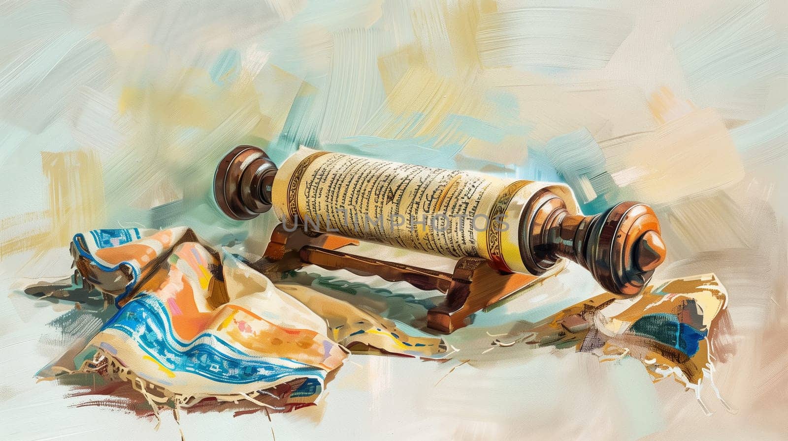 A Torah scroll, central to Jewish worship, is lovingly wrapped with a colorful talit, signifying reverence and festivity for Shavuot.
