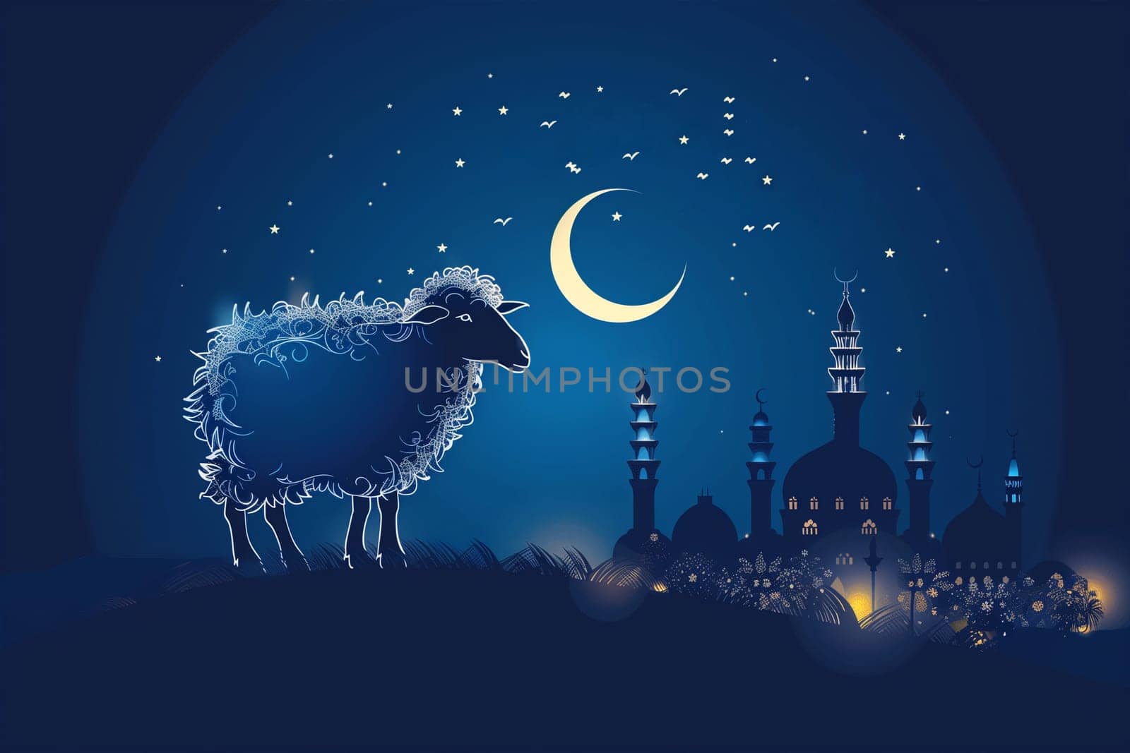 A stylized silhouette of a sheep stands before a mosque under a night sky, illuminated by a crescent moon and stars during Kurban Bayram.