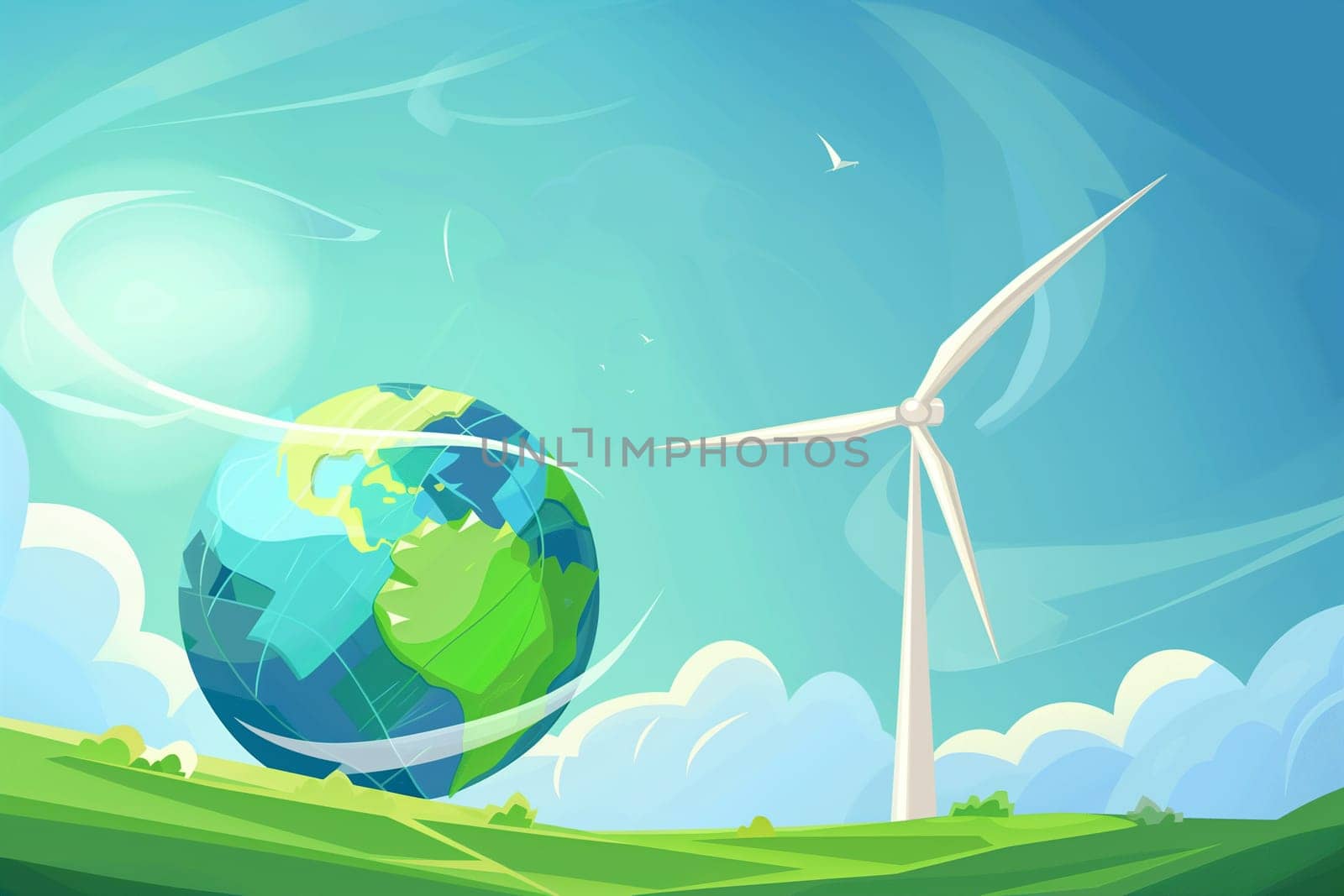 A green field with multiple windmills spinning under a clear blue sky on Global Wind Day.