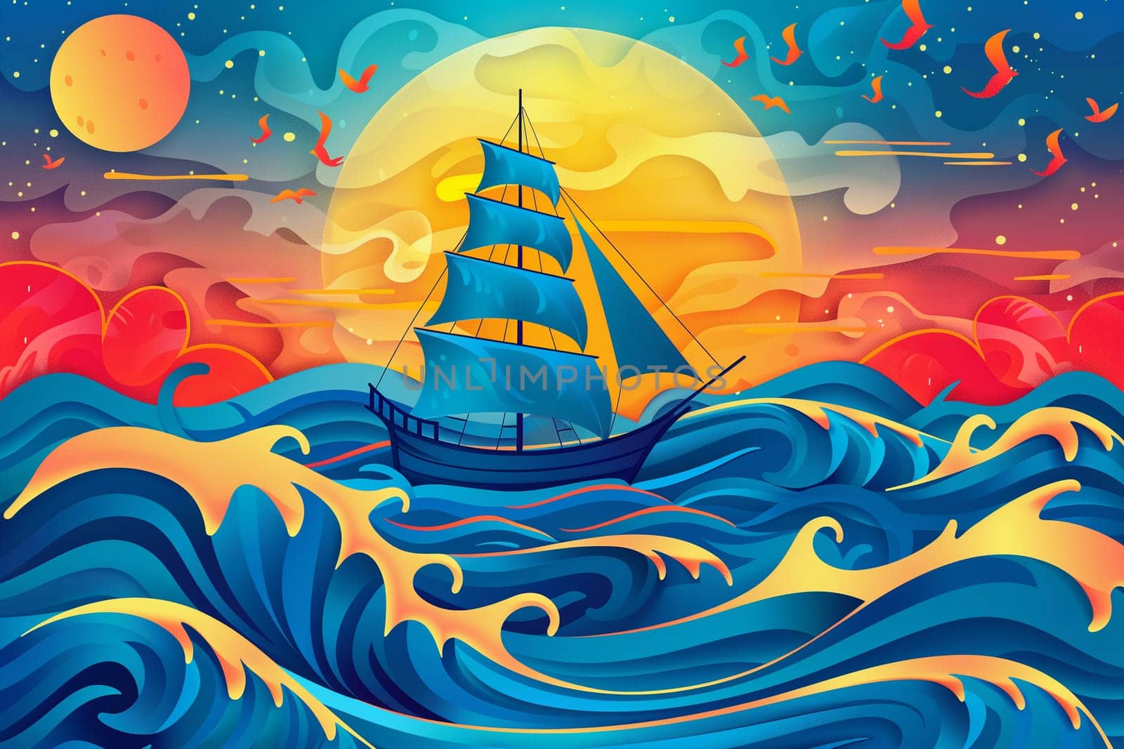 A painting depicting a sailboat gliding through the waves on the open ocean.