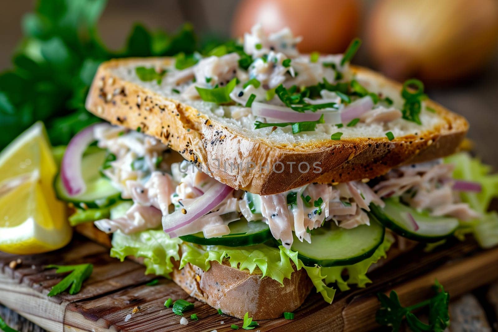 A herring sandwich placed on a wooden cutting board alongside a fresh lemon wedge, showcasing a simple and appetizing meal preparation.