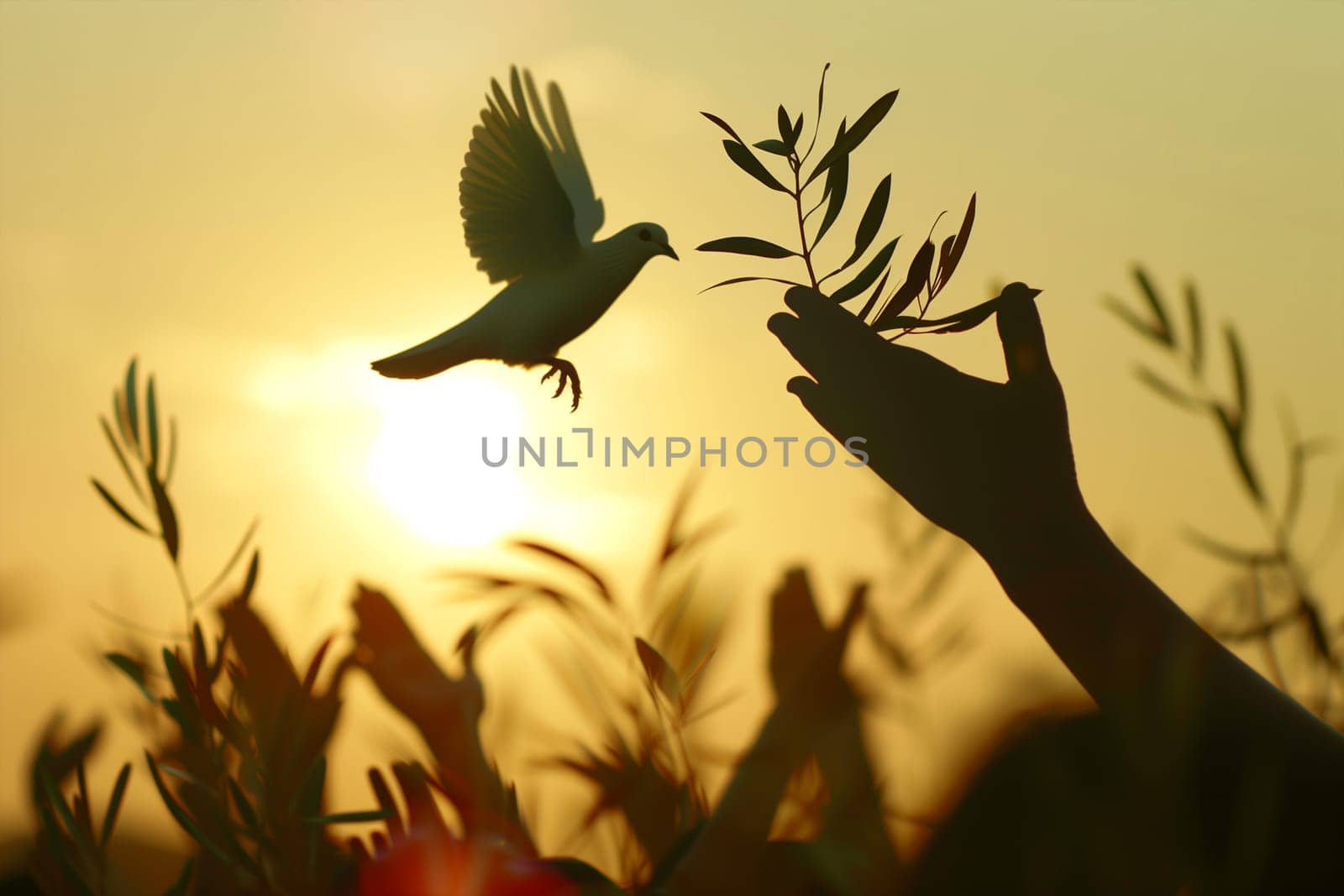 A bird is seen flying gracefully over a persons outstretched hand, with the sun shining brightly in the background.