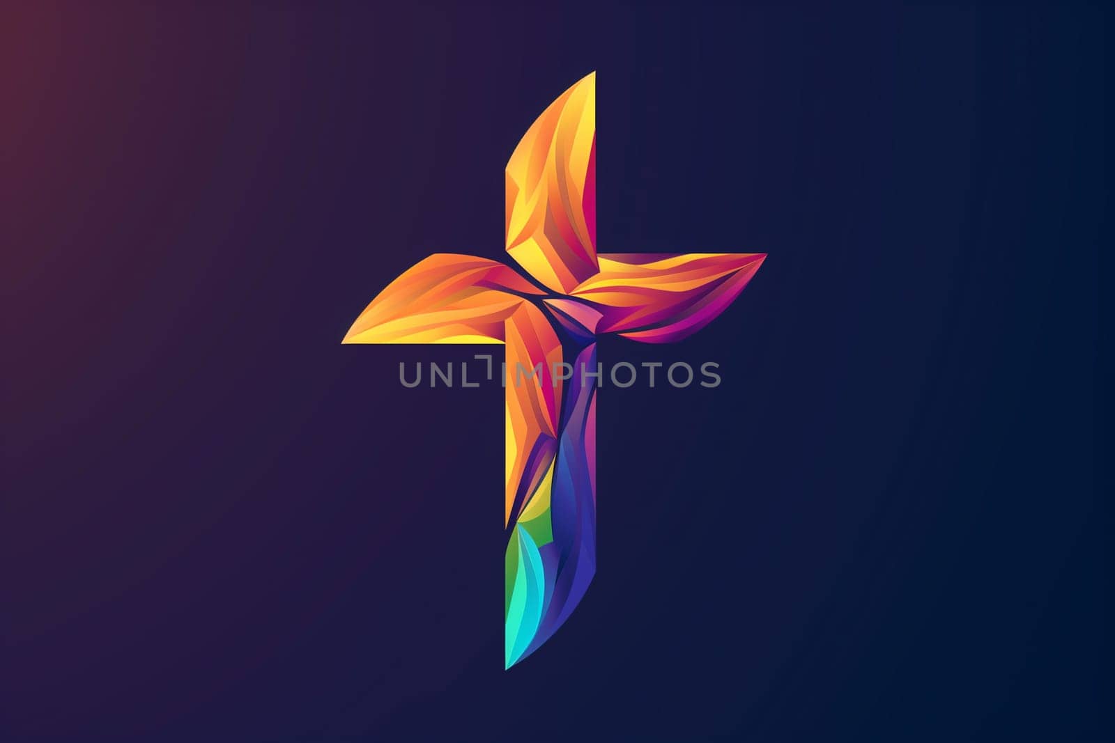 A vibrant cross stands out against a dark backdrop. The hues contrast sharply, creating a striking visual impact.
