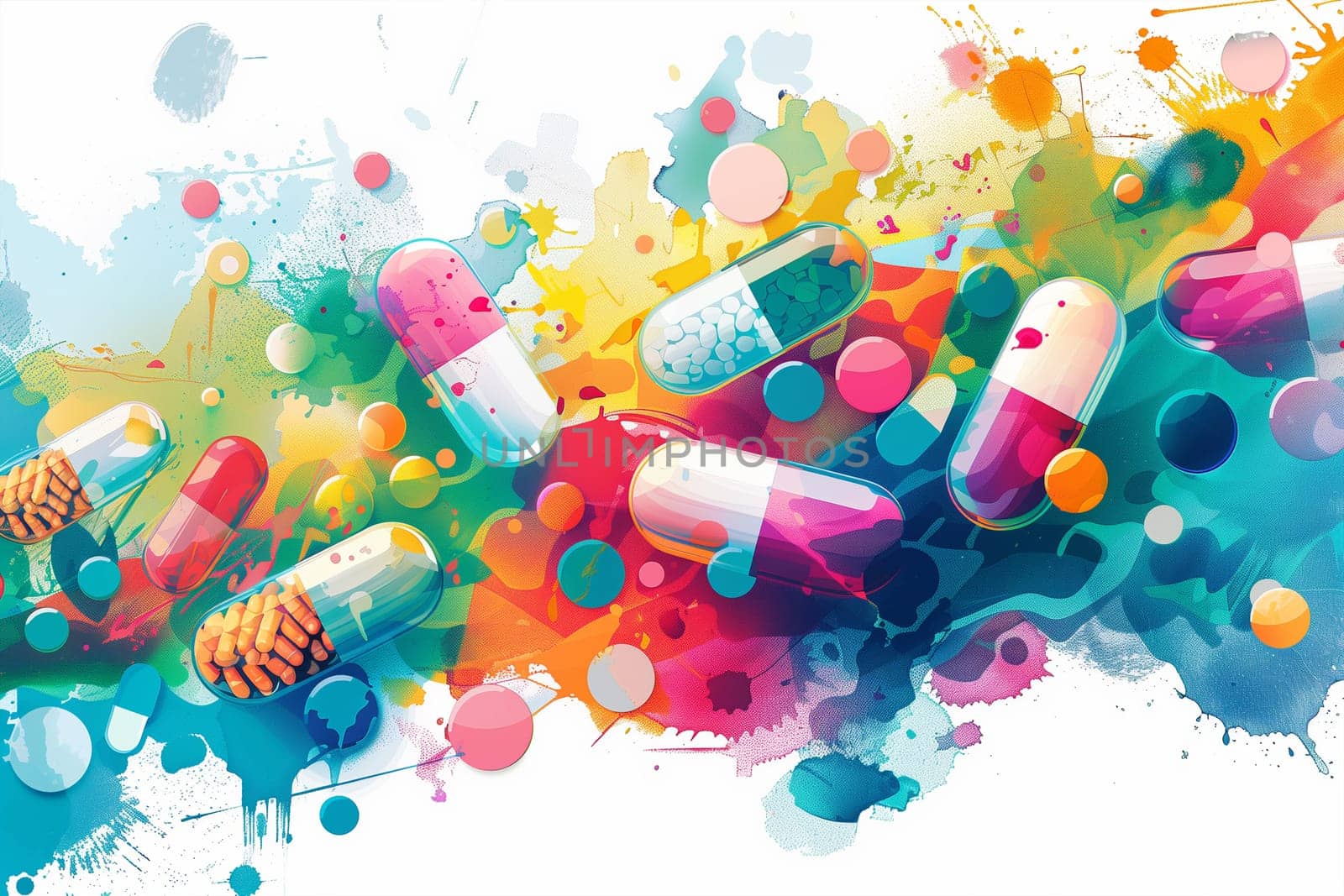 A vivid painting depicting an array of colorful pills arranged on a stark white background.