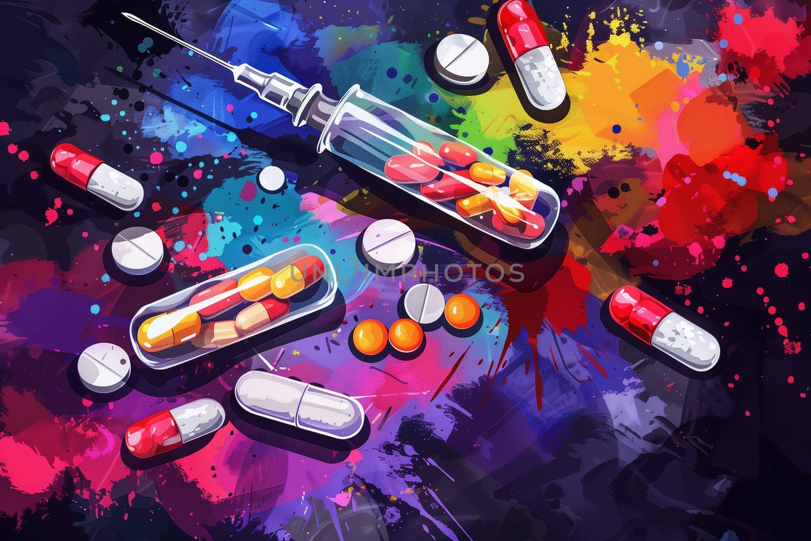 Colorful Pills and Syringe on Colorful Background by Sd28DimoN_1976