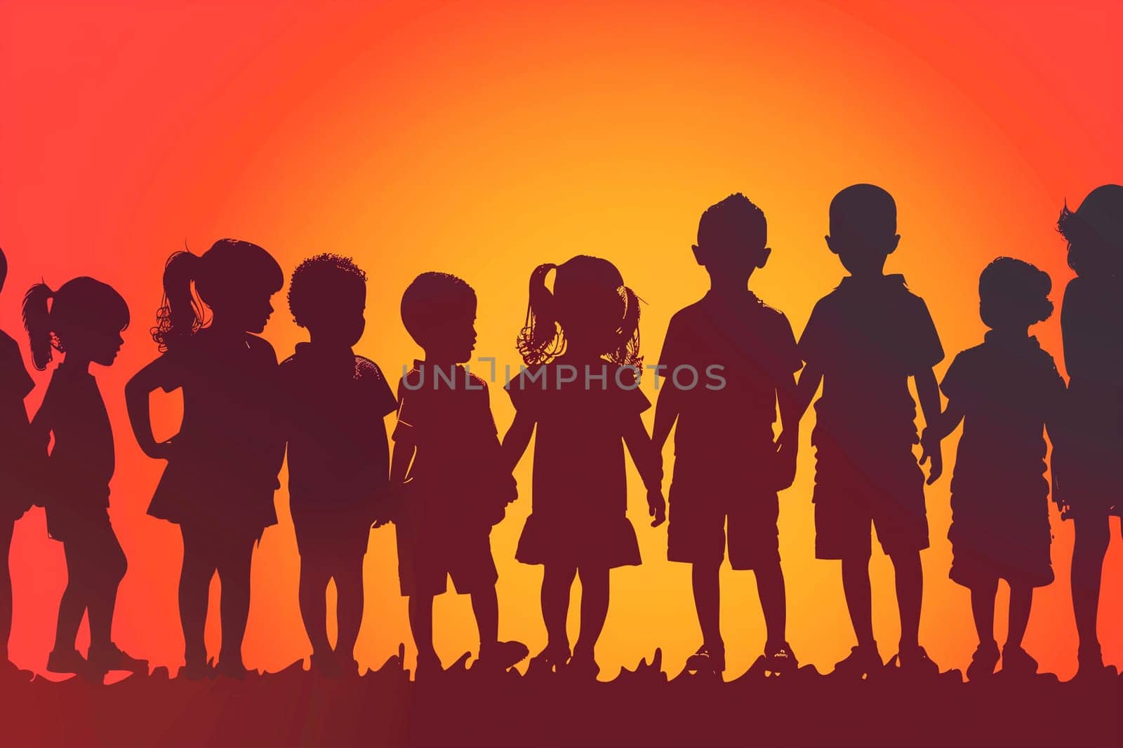 Silhouettes of children holding hands in a line, standing in front of a vibrant orange sunset.