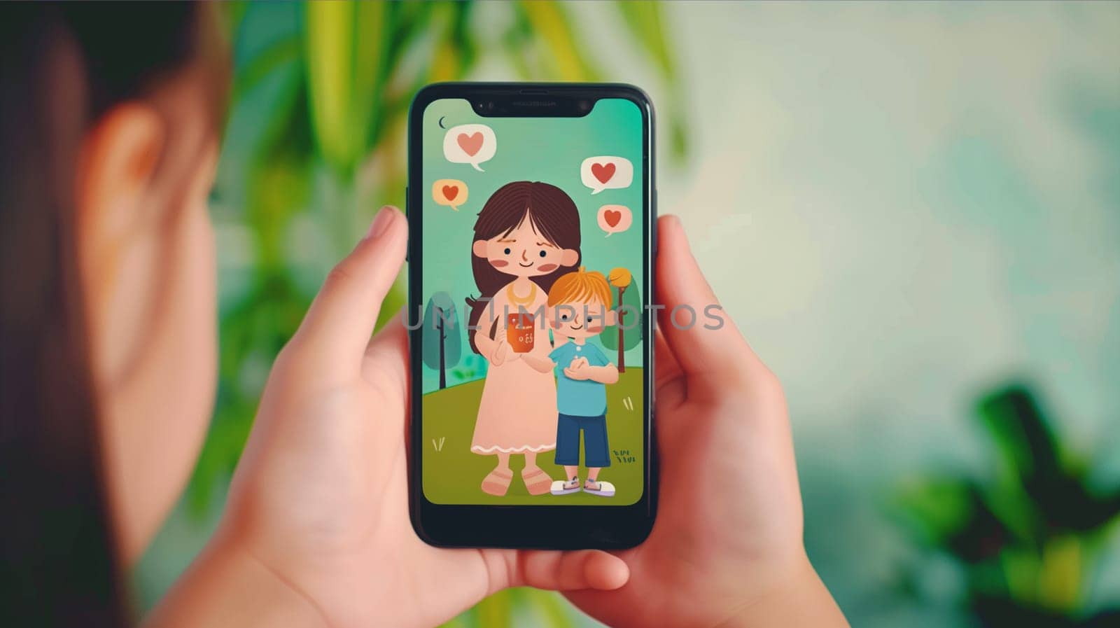 A woman holding up a cell phone displaying a cartoon image of a mother and child.