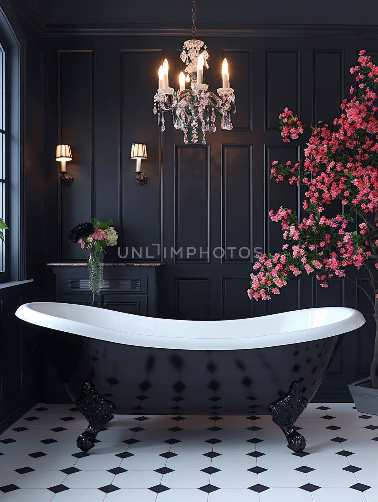 Modern bathroom interior with black walls and black bathtub.