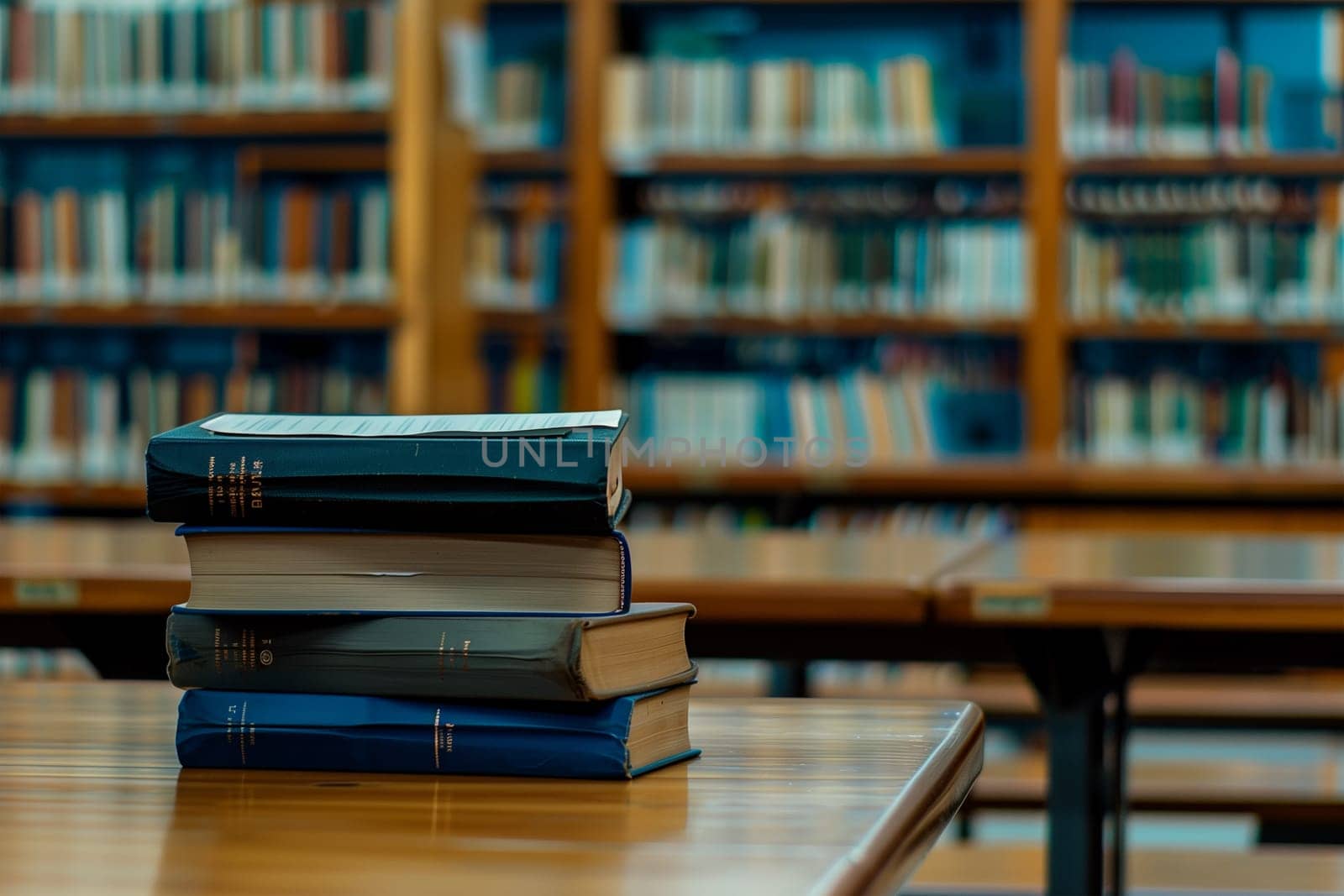 A neat stack of books placed on a wooden table in a library setting.