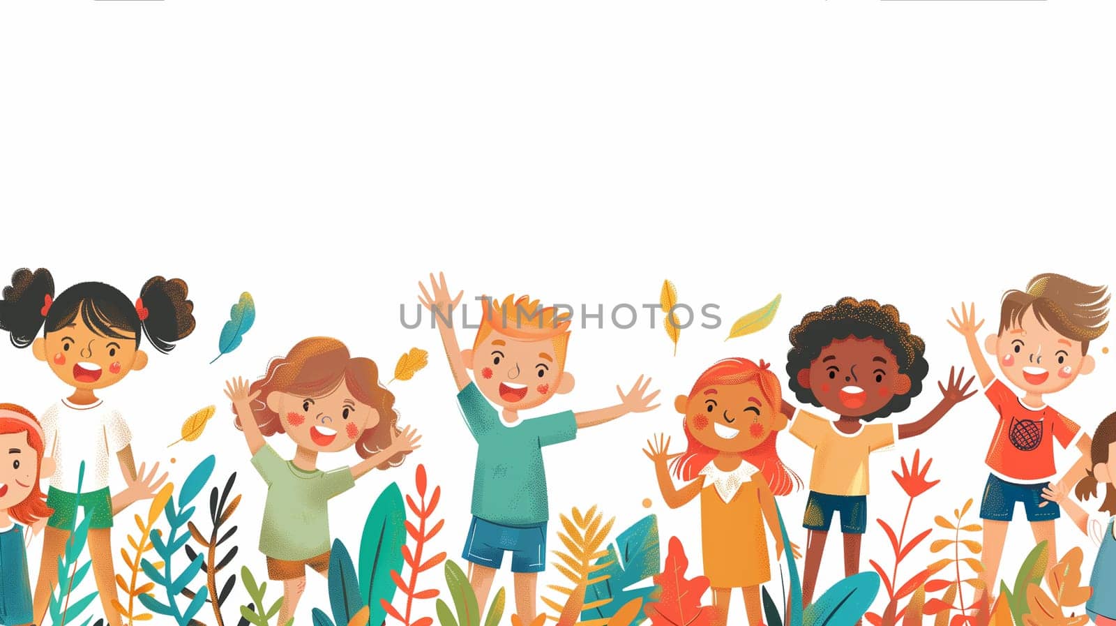 A diverse group of children of different ages, genders, and ethnicities are playing and running around in a lush green field on a sunny day.