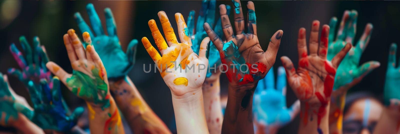 Several individuals celebrate International Friends Day by painting their hands with a variety of bright colors, creating a vibrant and dynamic scene.