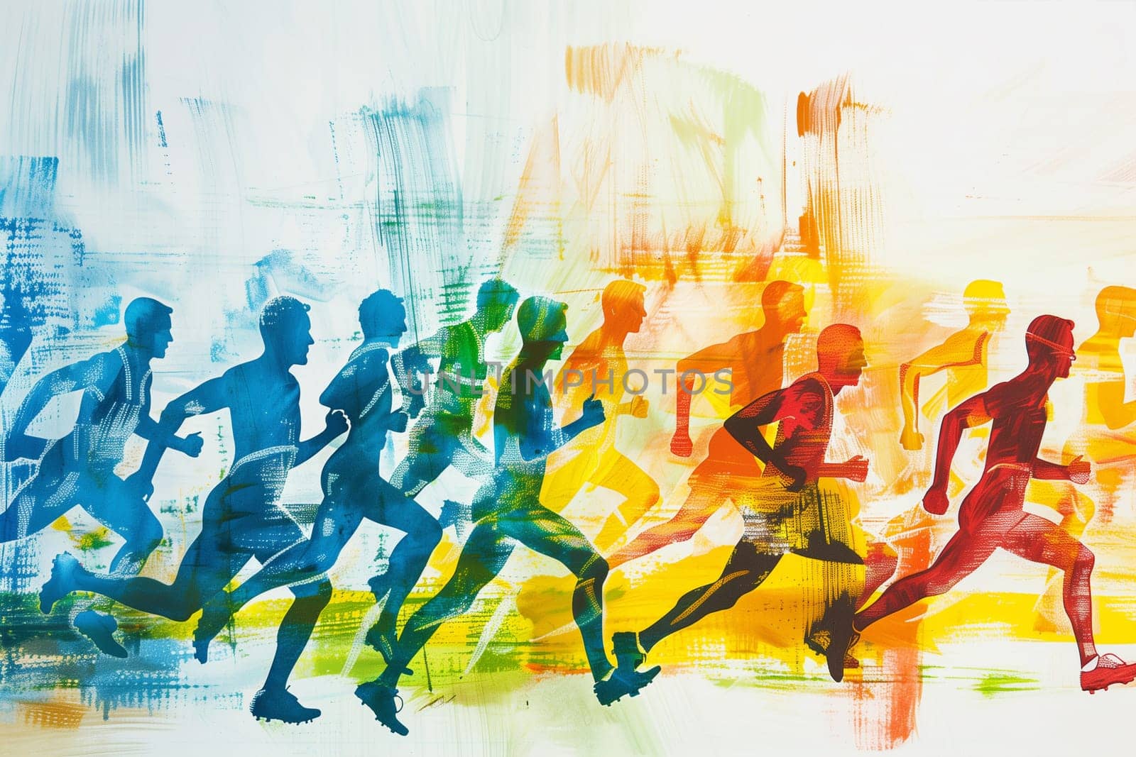 A dynamic painting featuring a group of people sprinting competitively in a race, showcasing the intensity and determination of the athletes.