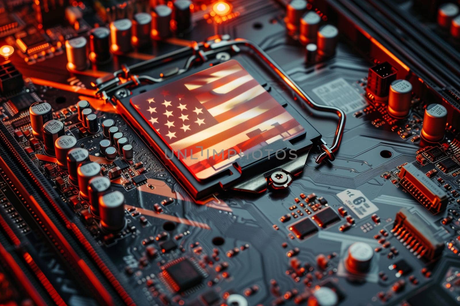 A central processing unit featuring the flag of the United States of America displayed prominently on its surface.