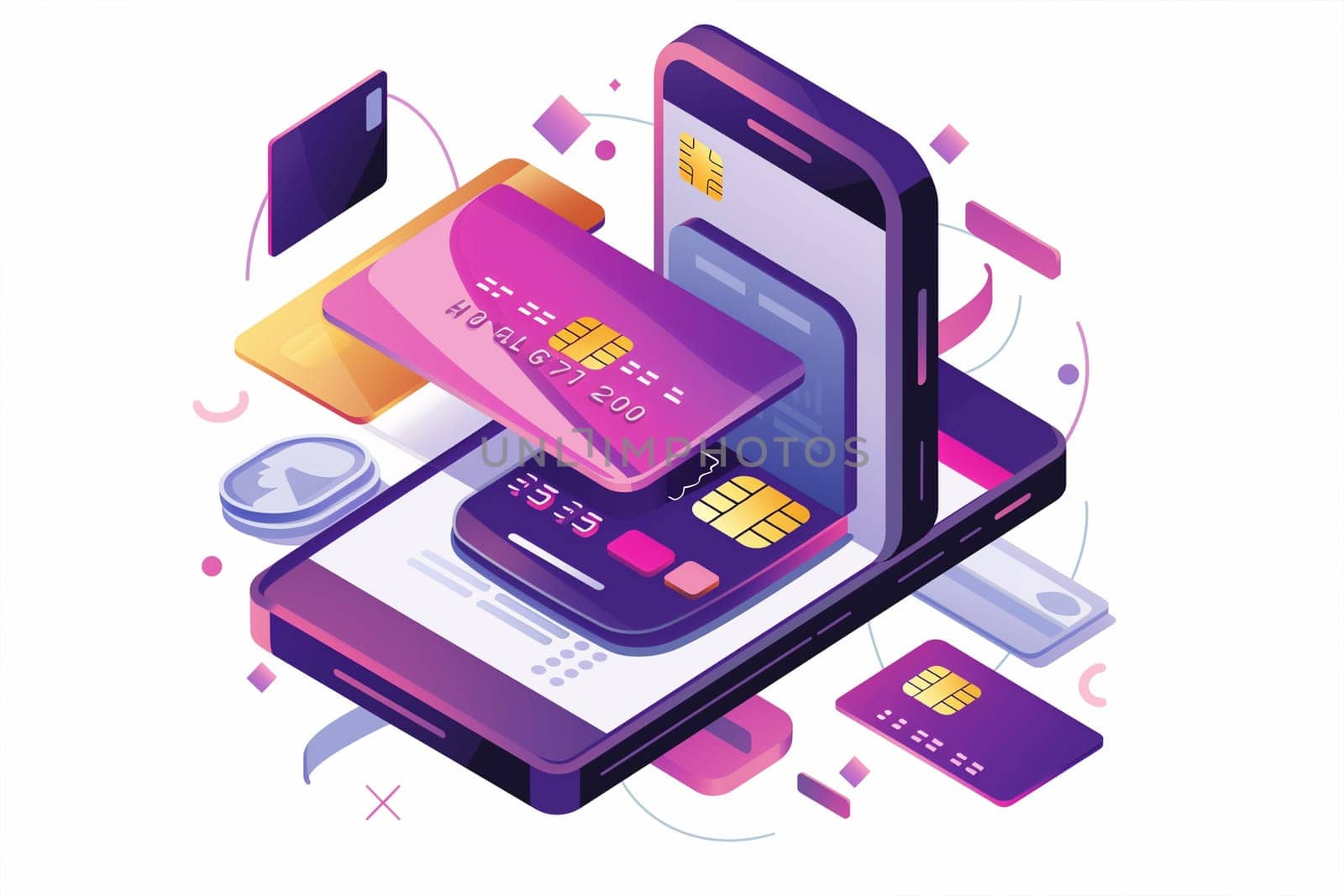 Isometric view of a modern mobile phone with multiple credit cards placed on its screen.