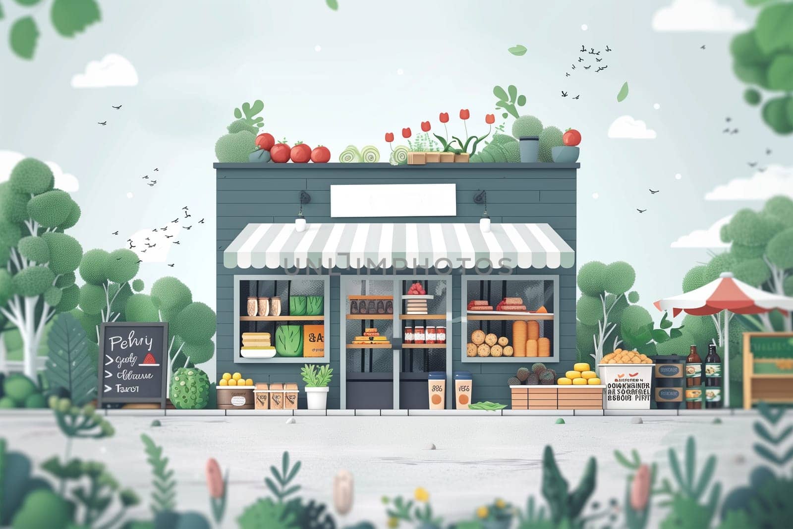 A colorful cartoon illustration of a bustling grocery store with various products on shelves, customers shopping, a cashier at the checkout, and employees restocking items.