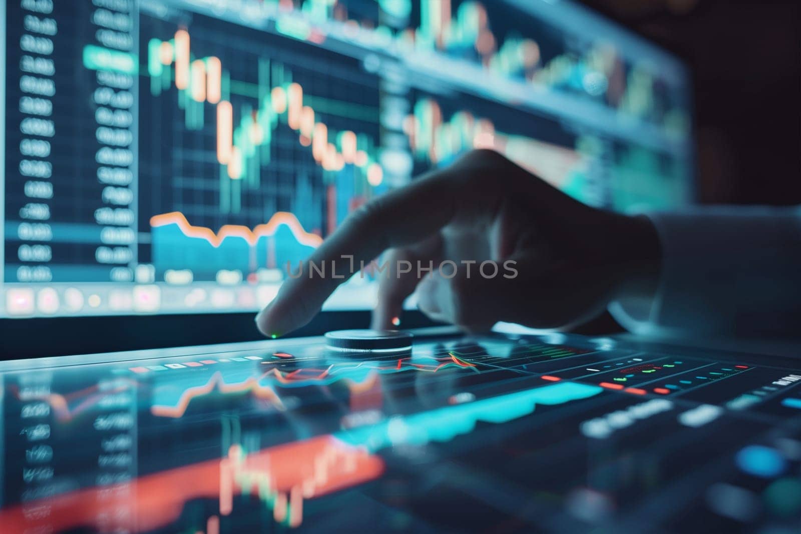 A person pointing at a computer screen displaying live stock market data, analyzing graphs and numbers.