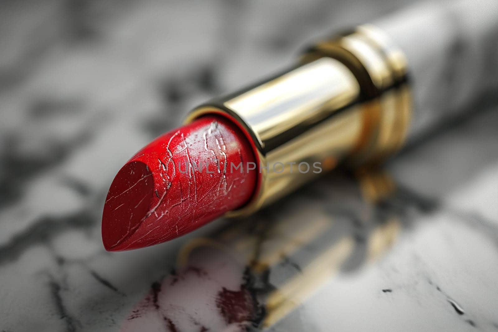 Close-up of red lipstick in a gold tube.