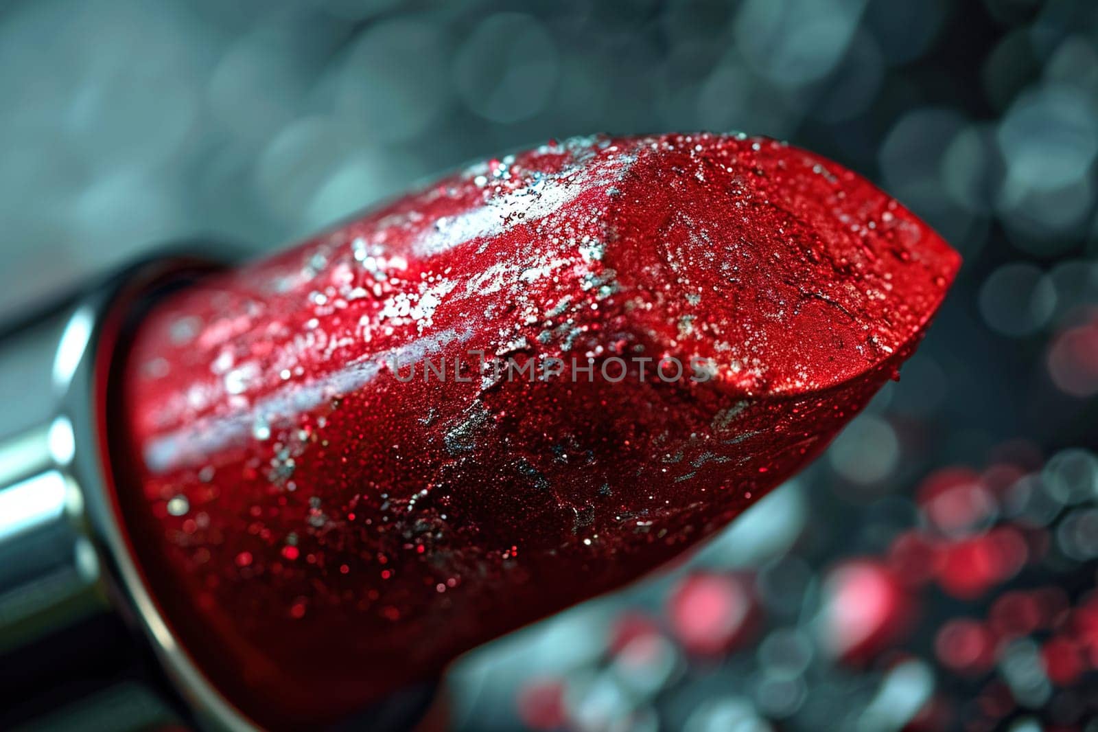 Close-up of red lipstick with glitter. Generated by artificial intelligence by Vovmar