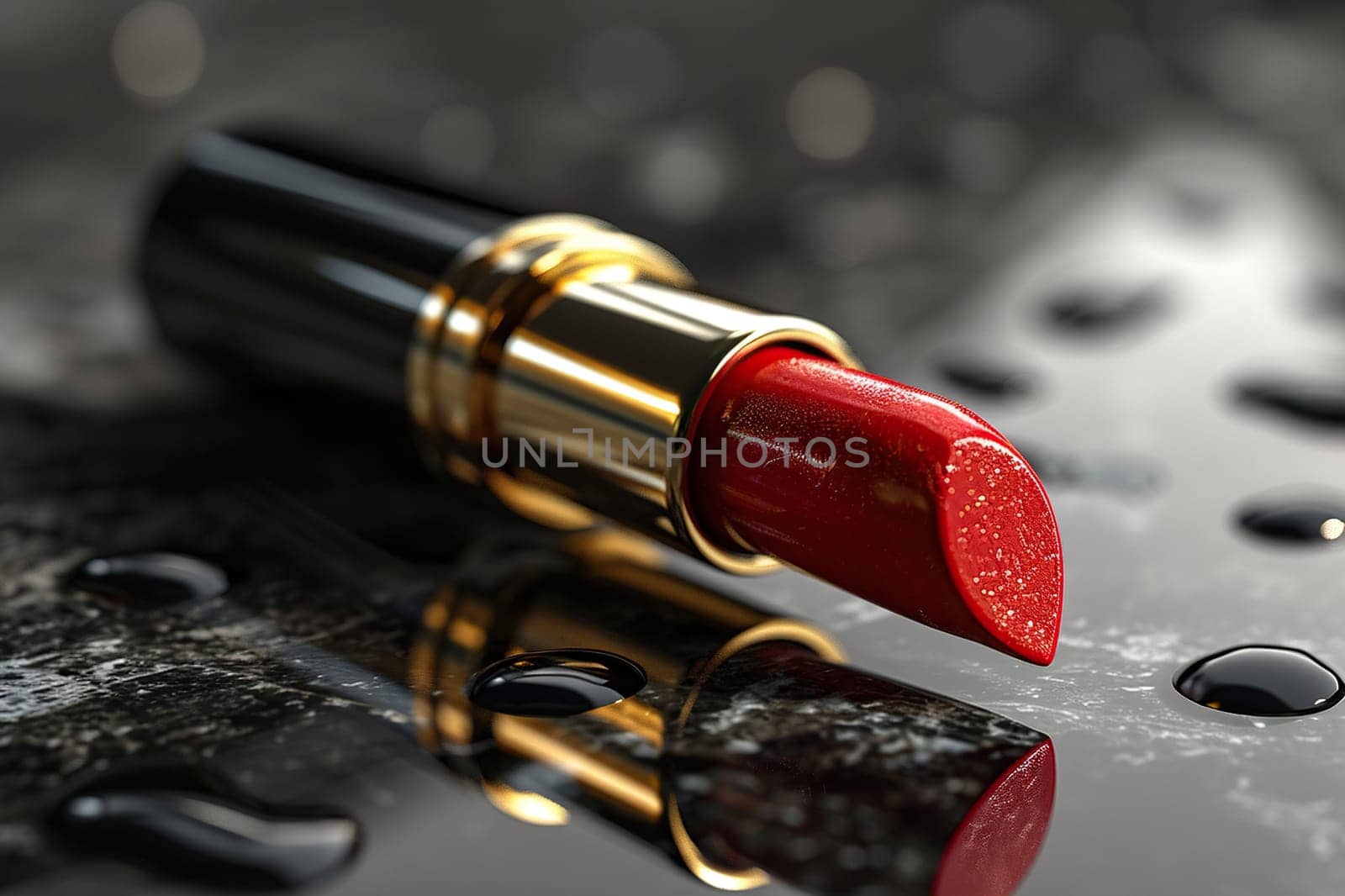 Open red lipstick lies on a wet surface close-up.