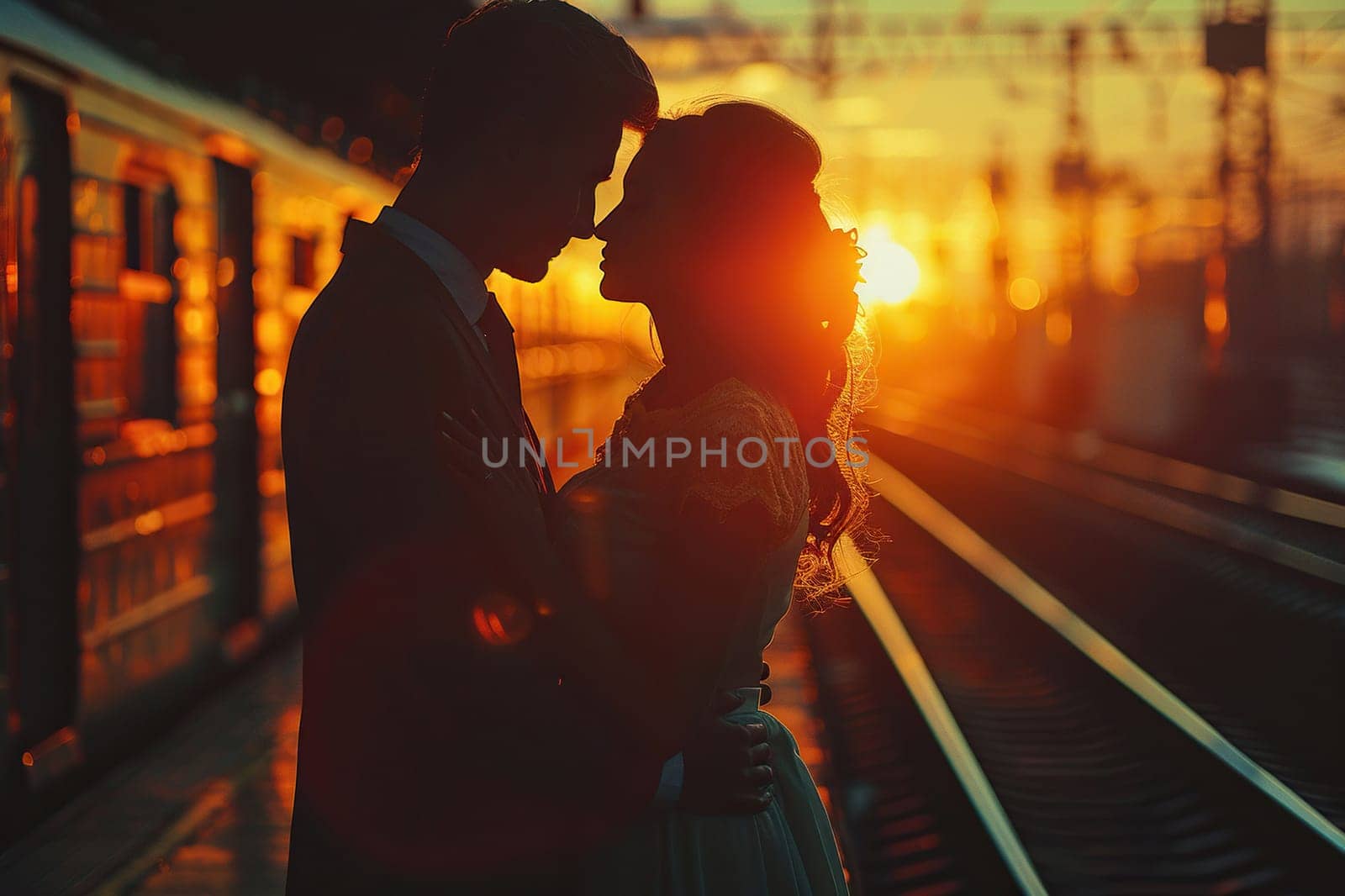 A couple in love hugs at sunset against the backdrop of the railway. Photo in cinematic style.