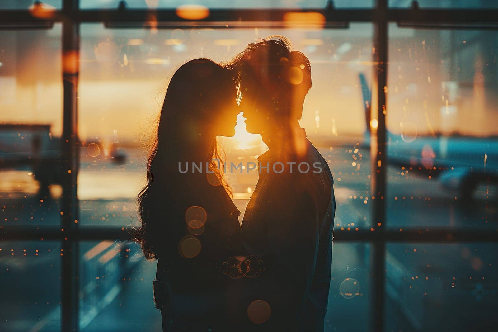 Silhouette of a couple in love near a large window at an airport in a cinematic style. Generated by artificial intelligence by Vovmar