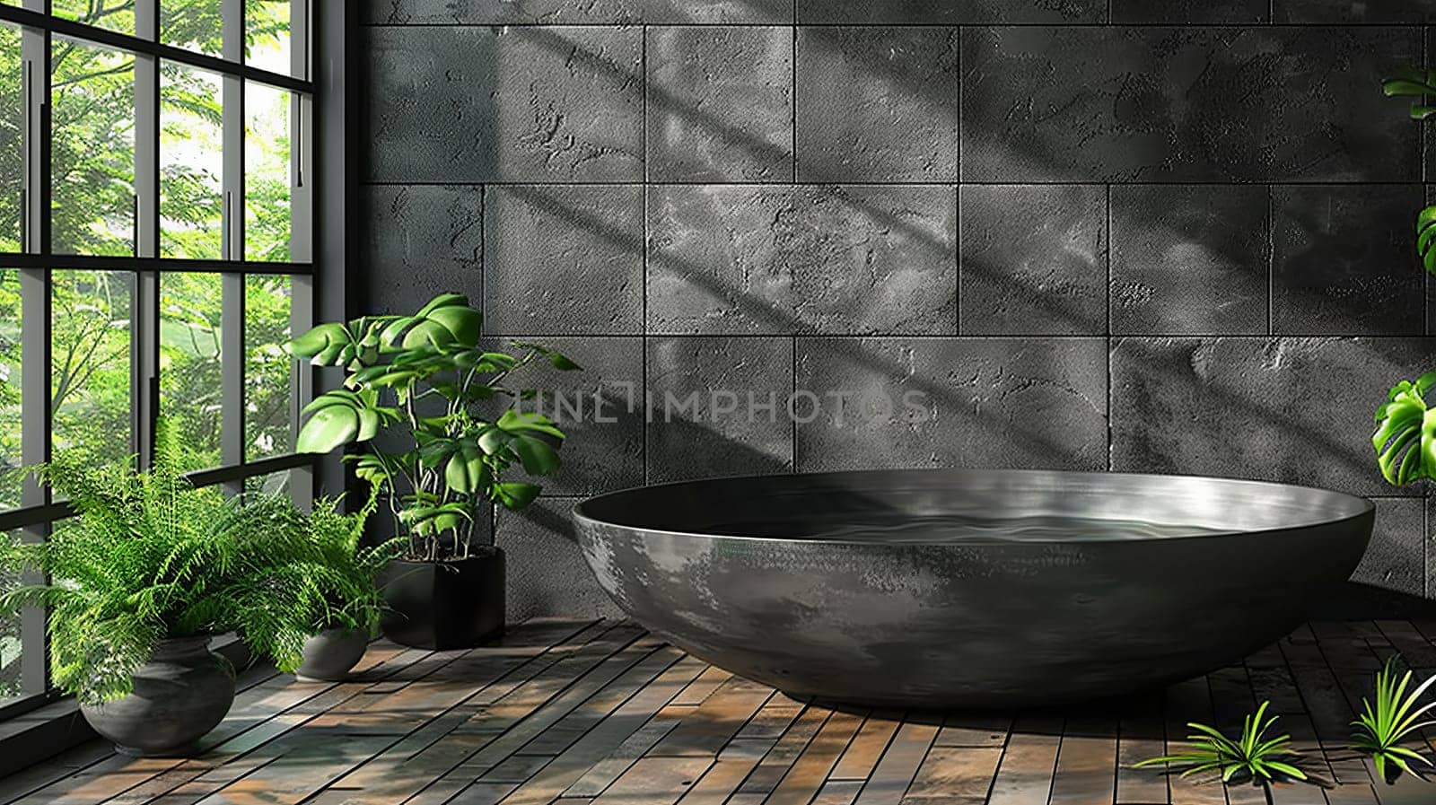 Modern bathroom interior with black walls and black bathtub by NataliPopova