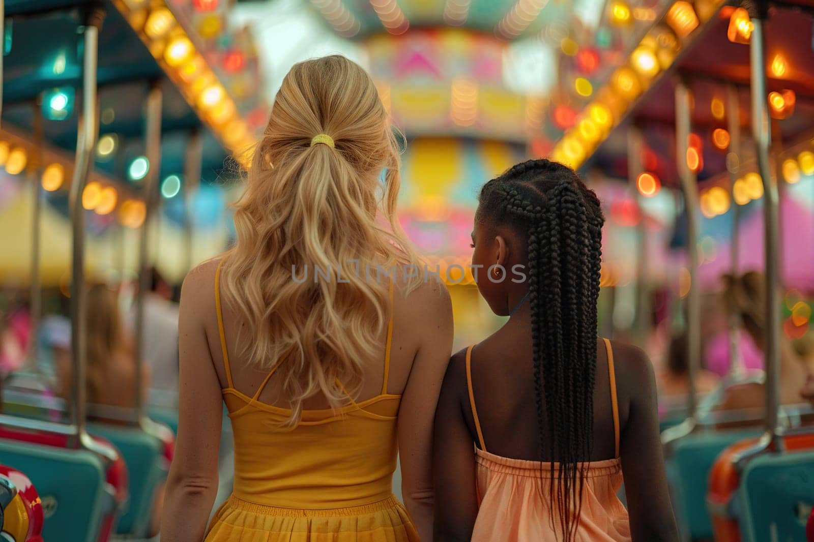 Blonde mother and black daughter in an amusement park. Multiracial marriage concept. Generated by artificial intelligence by Vovmar
