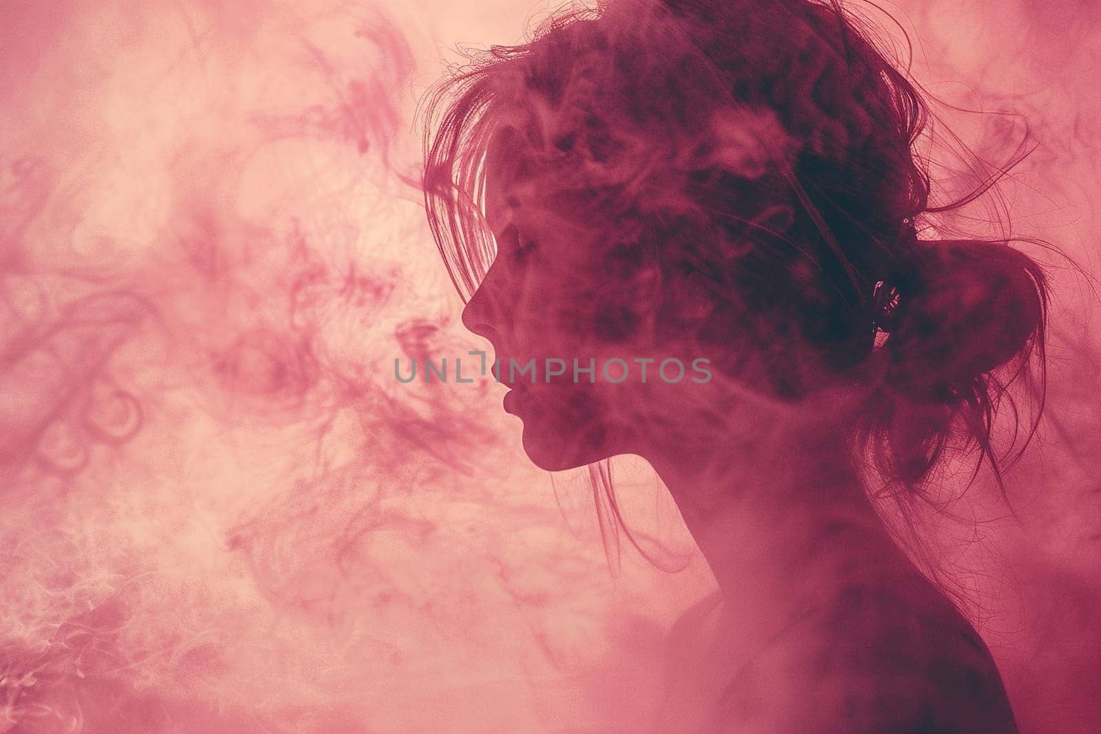 Double exposure photo of woman and pink smoke. Generated by artificial intelligence by Vovmar