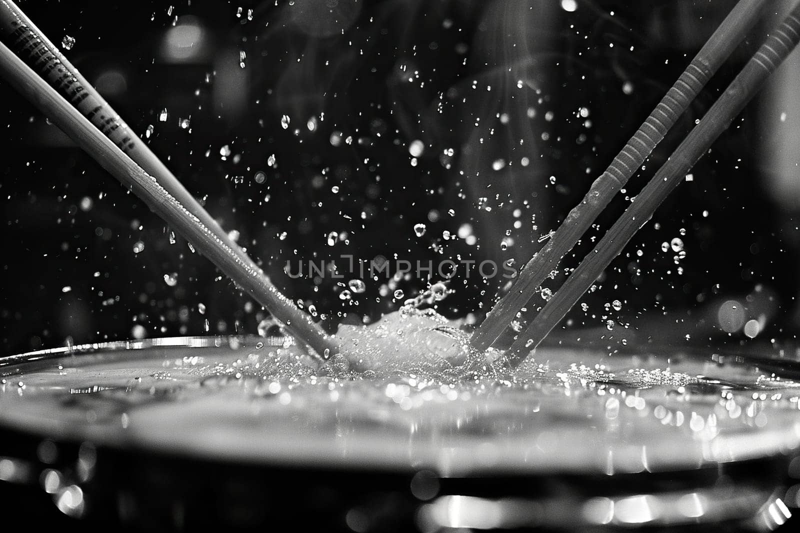 Drumsticks on a wet drum, close-up. Live music concept. Black and white. Generative AI by Vovmar