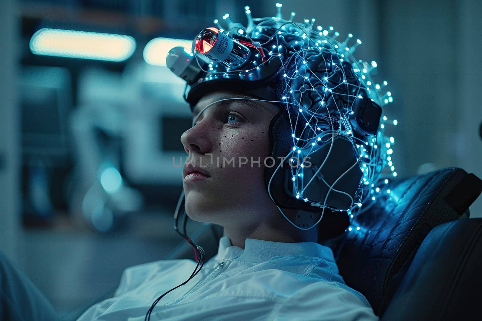Patient on a couch with medical instruments for studying the brain on his head. Brain scanner. The concept of high technology in medicine and biology.
