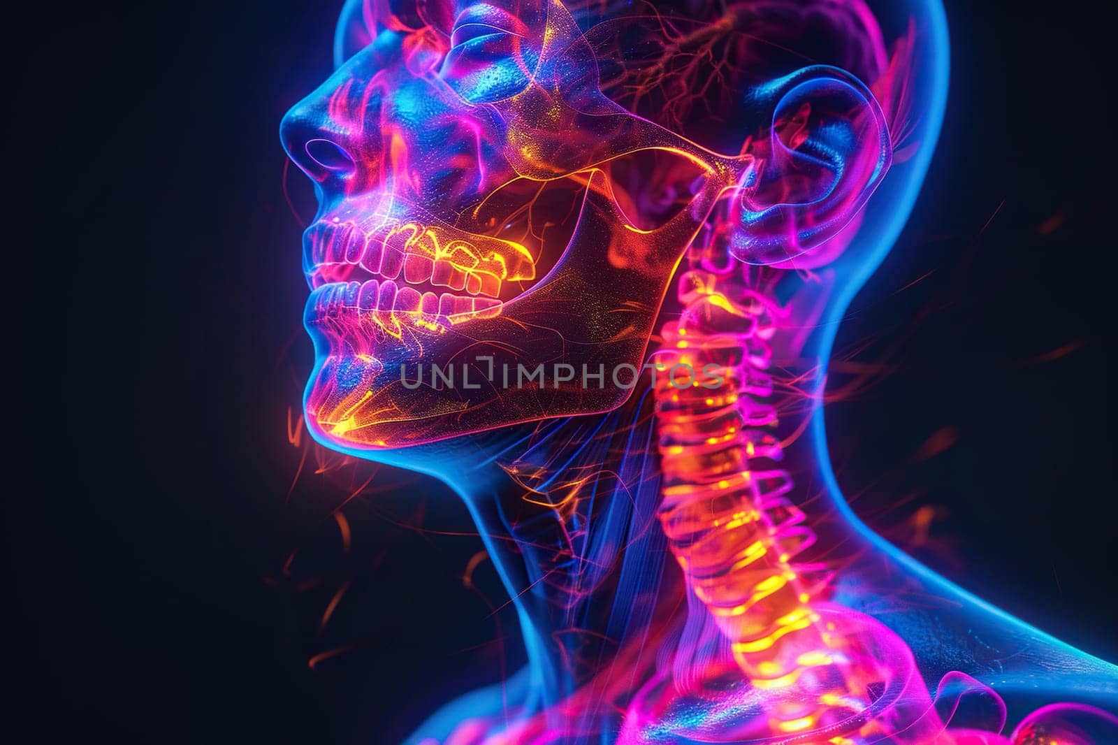 Image of a human skull and neck on a dark background with smoke and neon light. Generative AI by Vovmar