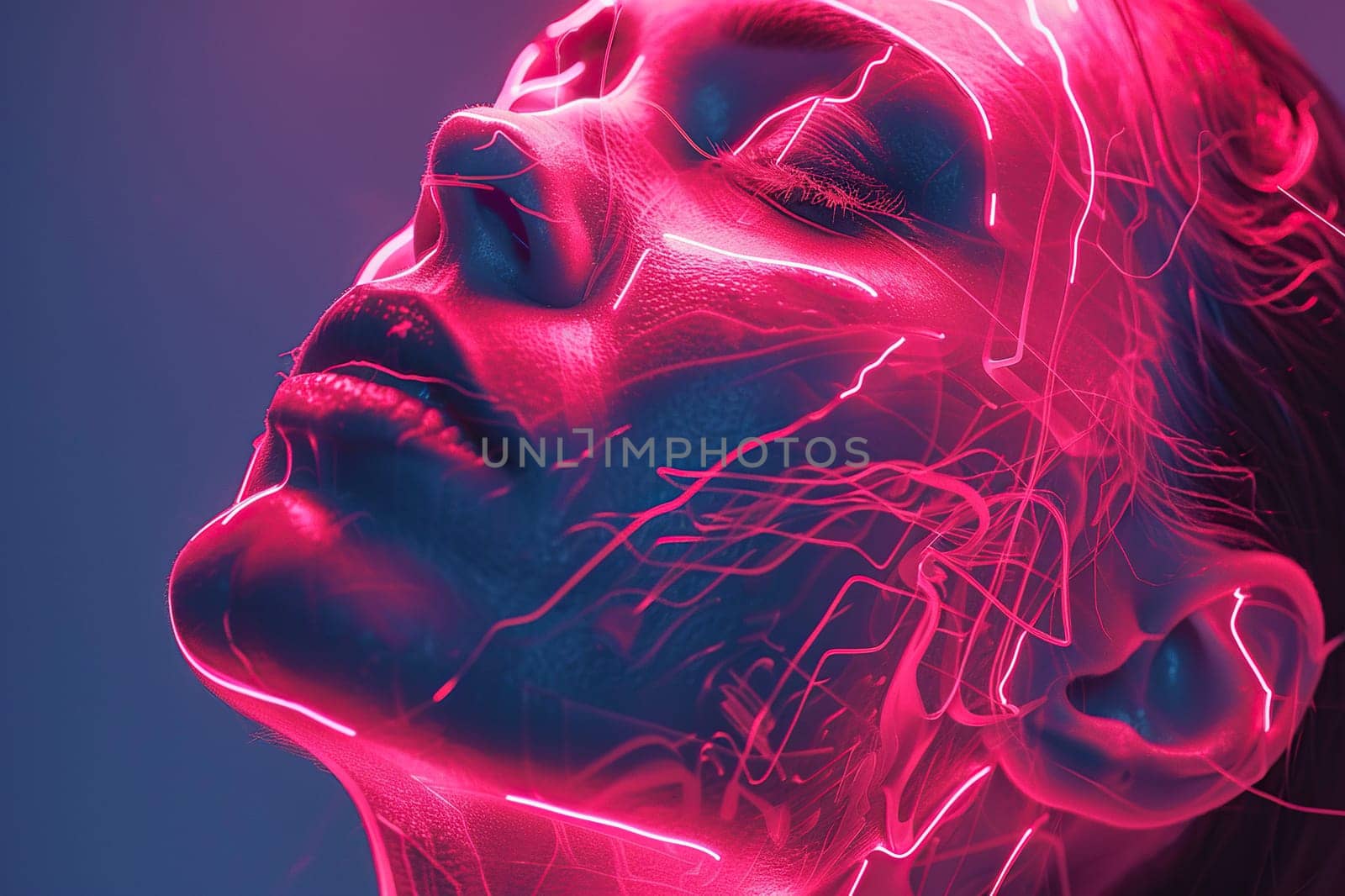Silhouette of the head of an adult woman, riddled with neural connections, against a dark background. The concept of science and high technology in the study of man.