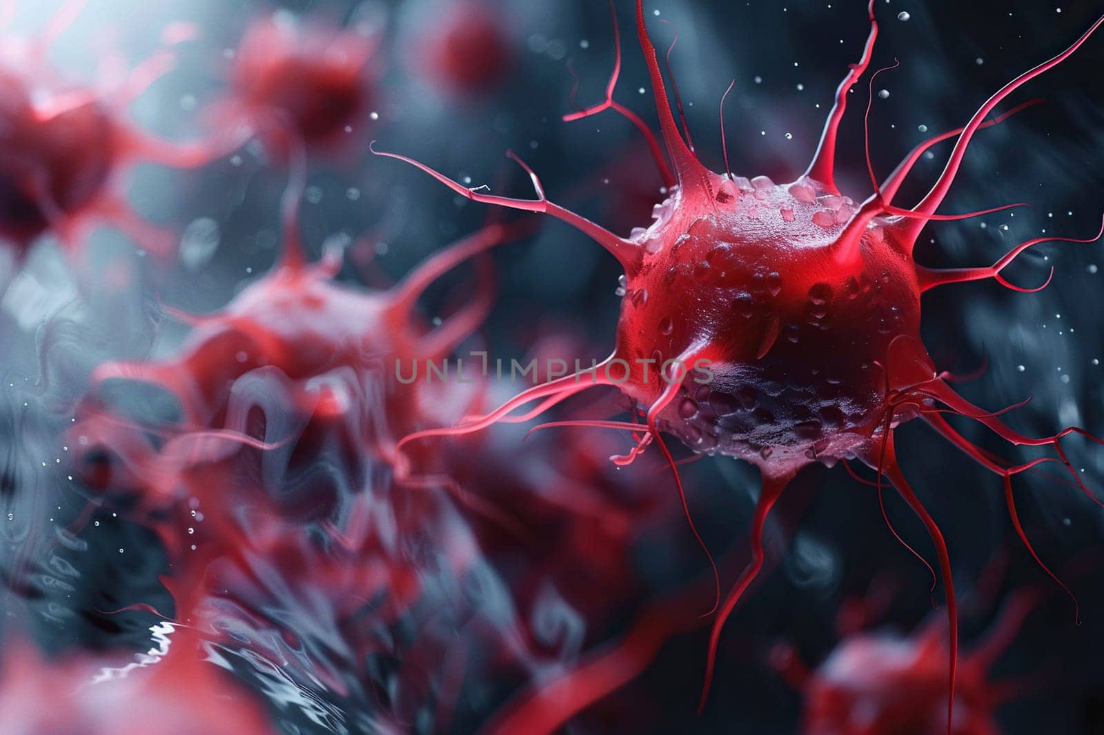 Macro 3D illustration of leukocytes and platelets in the blood stream. Biomedicine concept. Generated by artificial intelligence by Vovmar