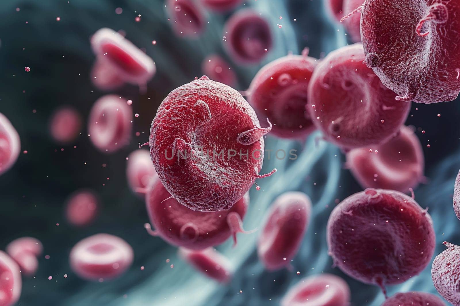 3D illustration of human red blood cells close up on blur background. Medical healthcare concept.