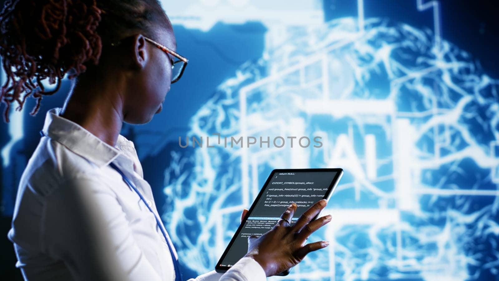 Manager overseeing data center updating AI systems, writing intricate binary code scripts on tablet. Tech support woman using programming to upgrade artificial intelligence simulation model