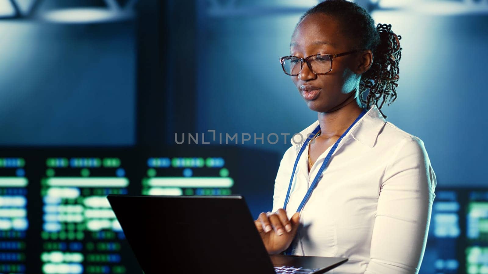 Woman walks through supercomputers by DCStudio