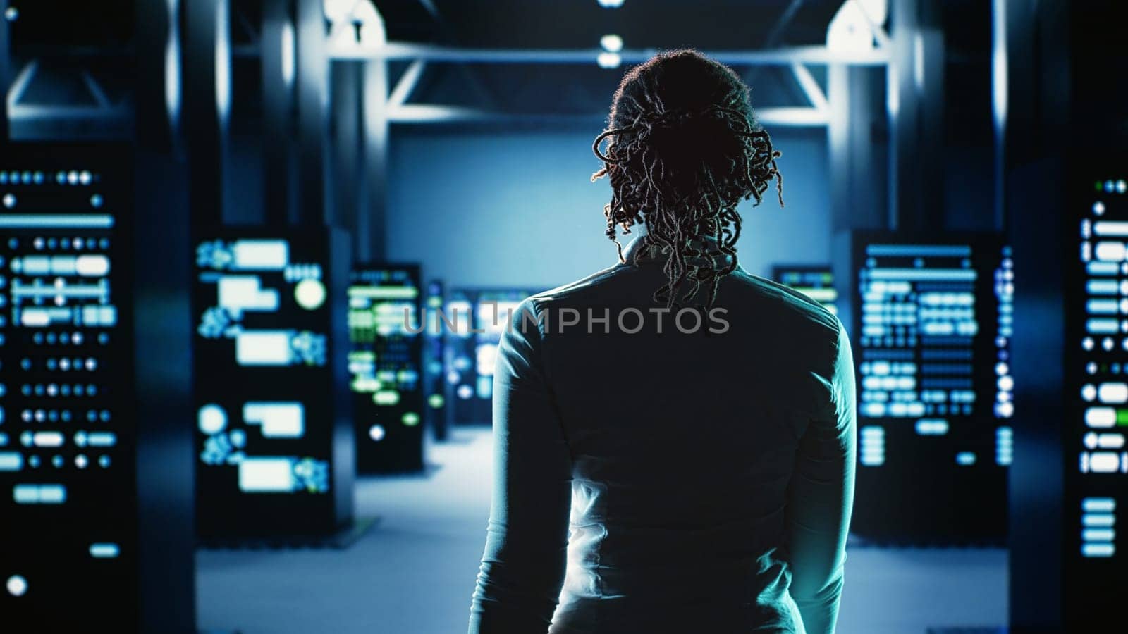 Engineer strolls through server rows by DCStudio