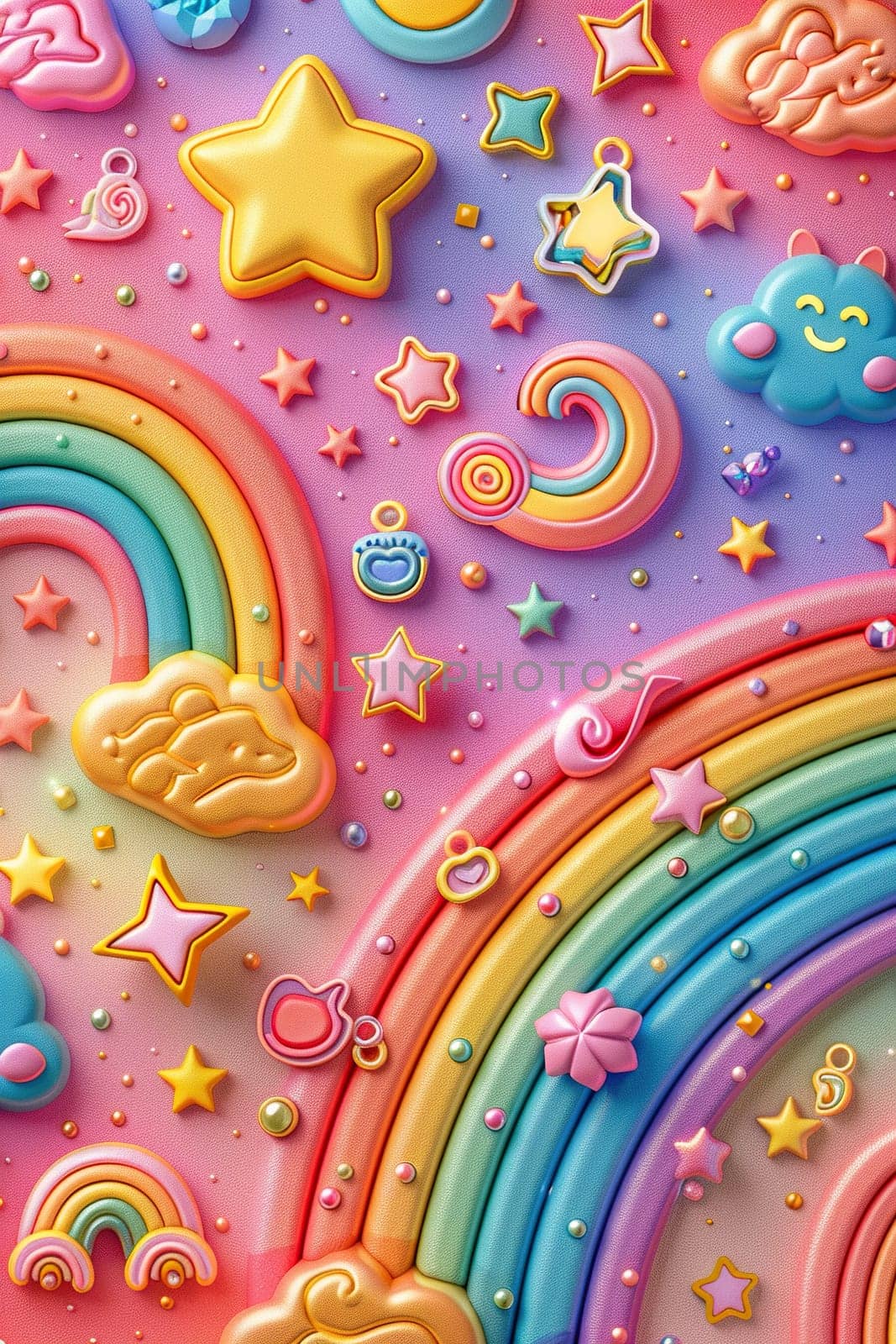 Illustration in 3D style with rainbow, stars and clouds. Vertical cartoon background for tik tok, instagram, stories. Generated by artificial intelligence by Vovmar