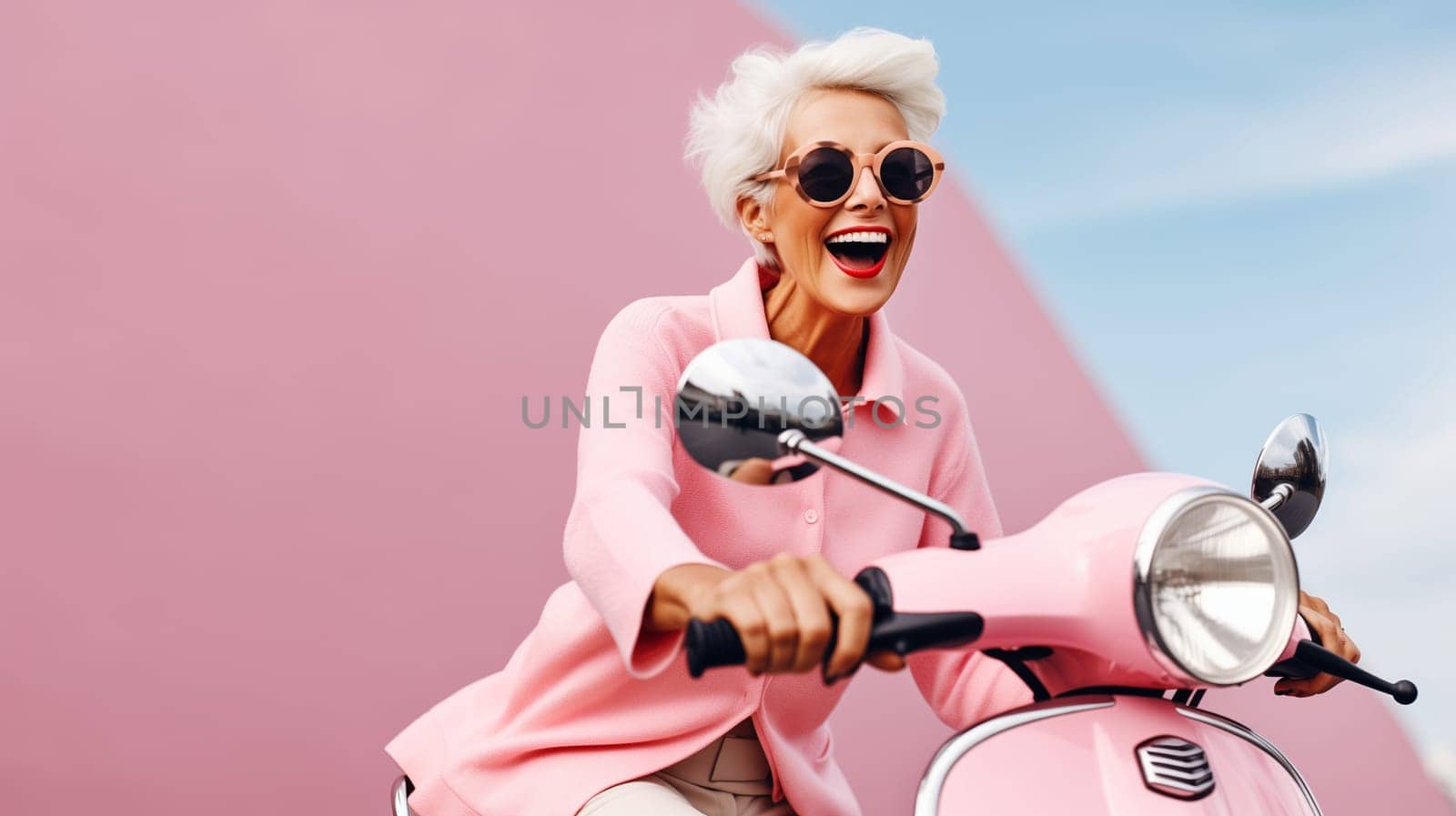 Cheerful happy senior woman riding pink scooter, stylish elderly driver drive moped, summer vacation by Rohappy