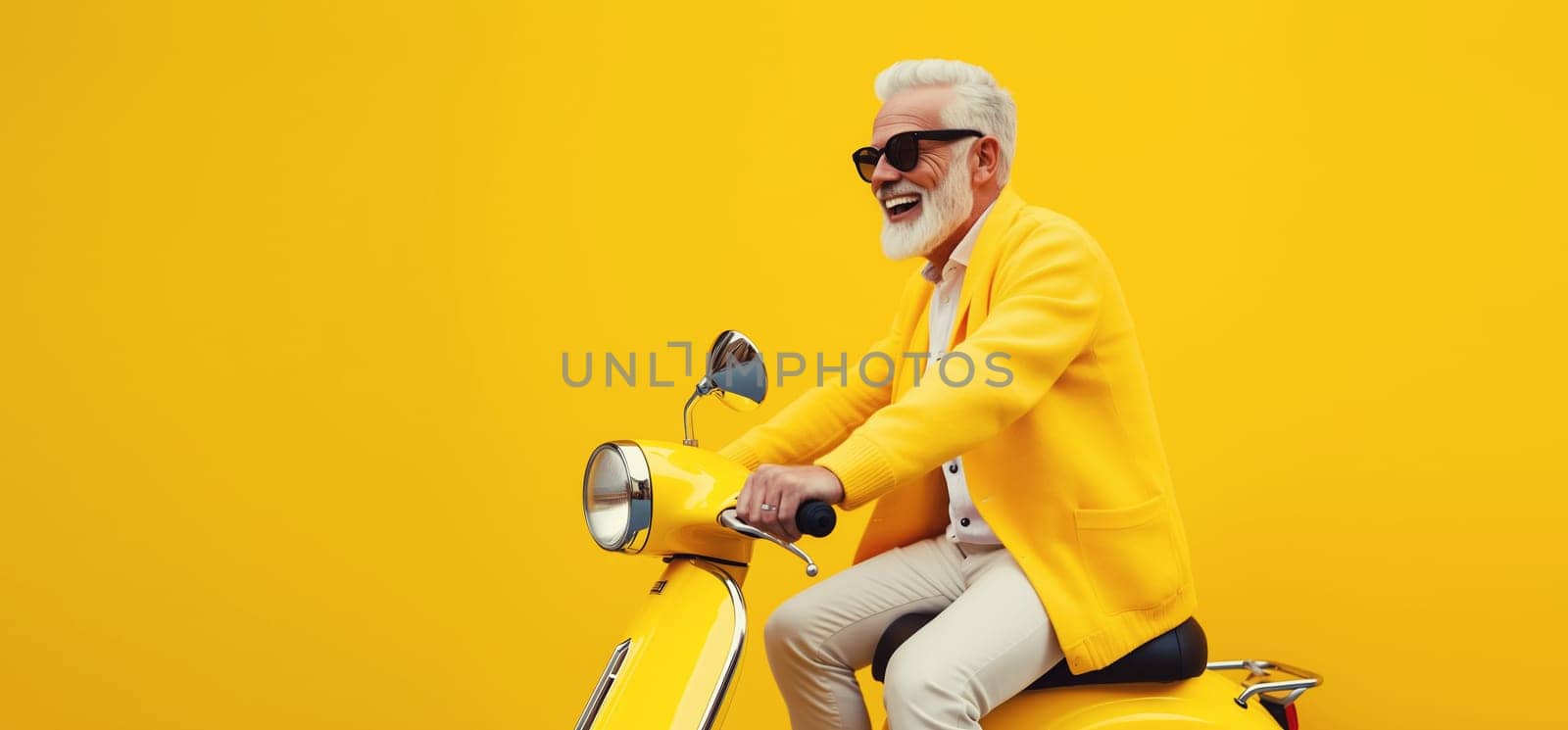 Cheerful happy senior man riding yellow scooter, stylish elderly male driver driving moped enjoying summer vacation, road trip