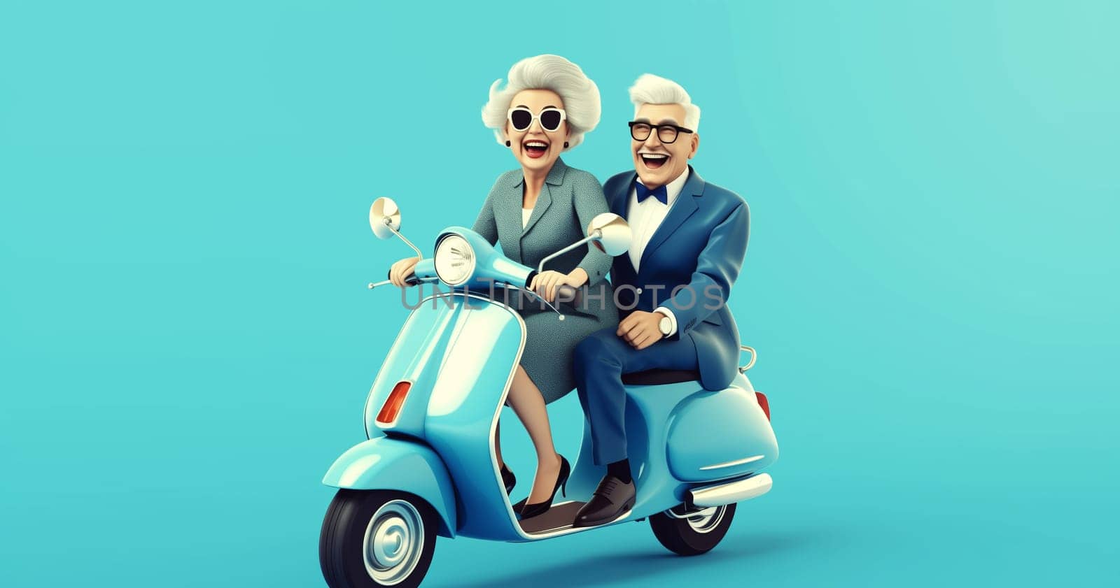 Cheerful happy senior couple riding scooter together, stylish elderly woman and man driving moped enjoying summer vacation, road trip
