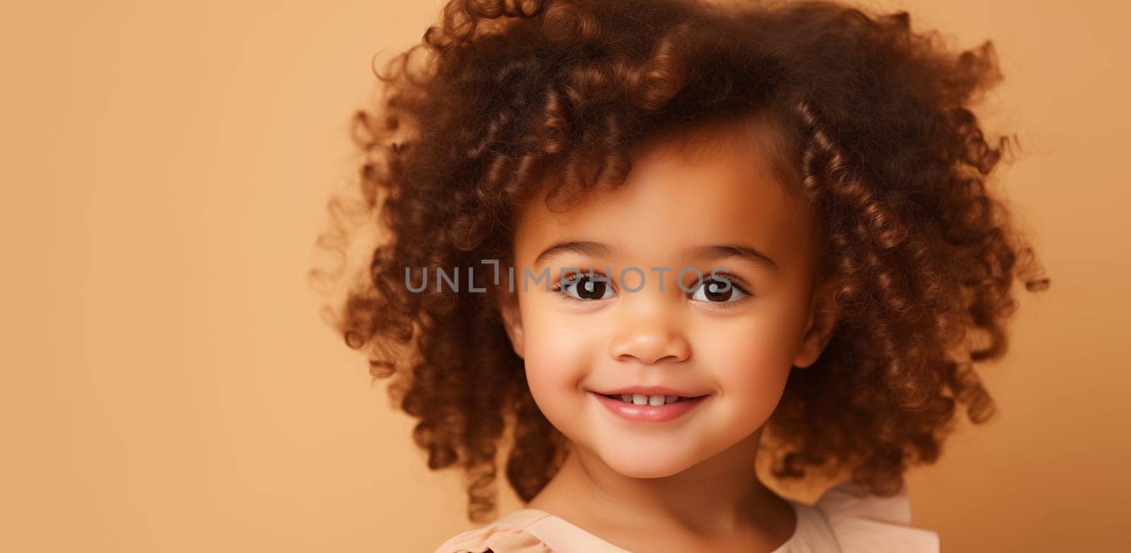 Beauty portrait of African pretty little girl child looking at camera on beige background