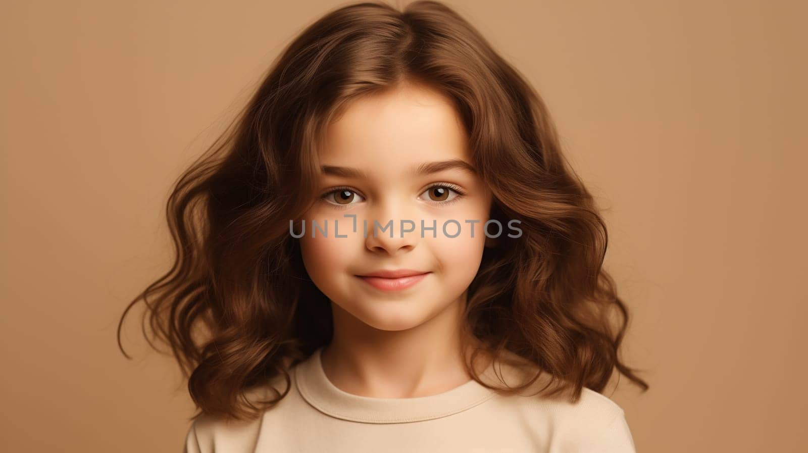 Beauty portrait pretty little girl child looking at camera on beige background by Rohappy