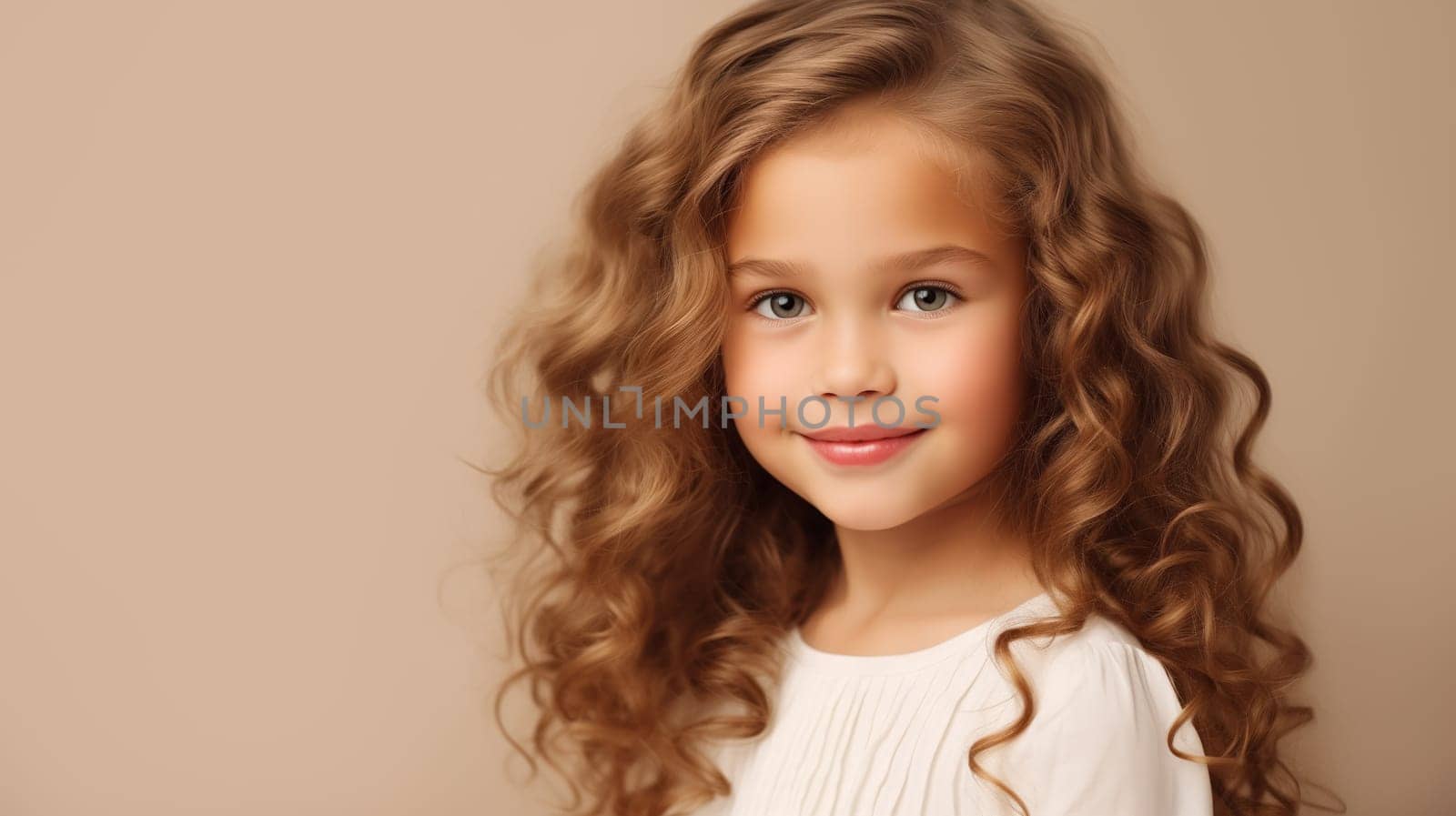 Beauty portrait of pretty little girl child looking at camera on beige background