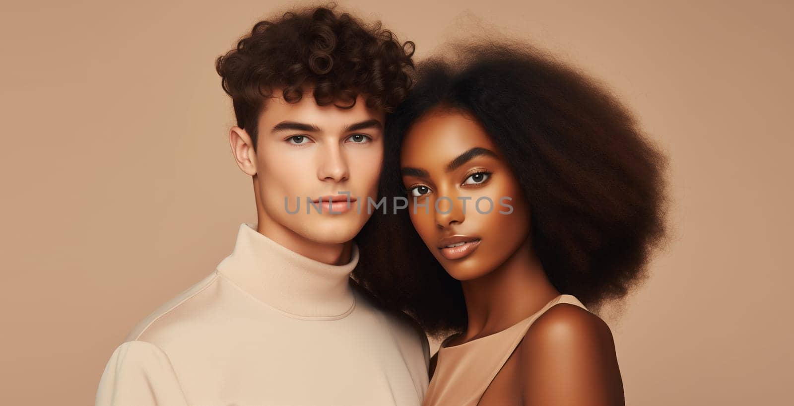 Beauty portrait of pretty young multiethnic diverse couple, beautiful black woman and caucasian man together posing on beige studio background