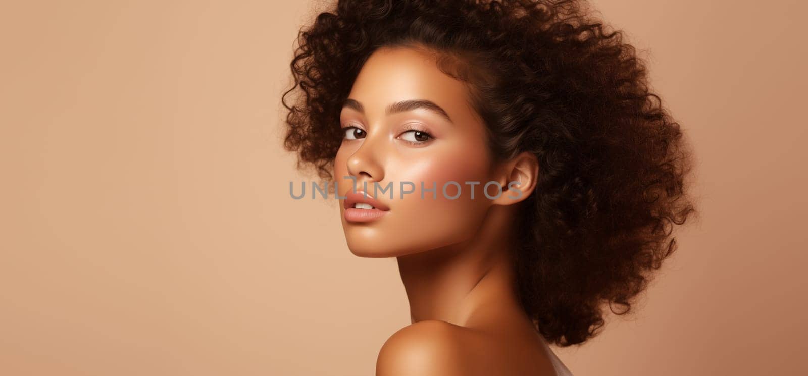 Beauty portrait of pretty young African woman with curly hair, beautiful lovely model posing on beige studio background