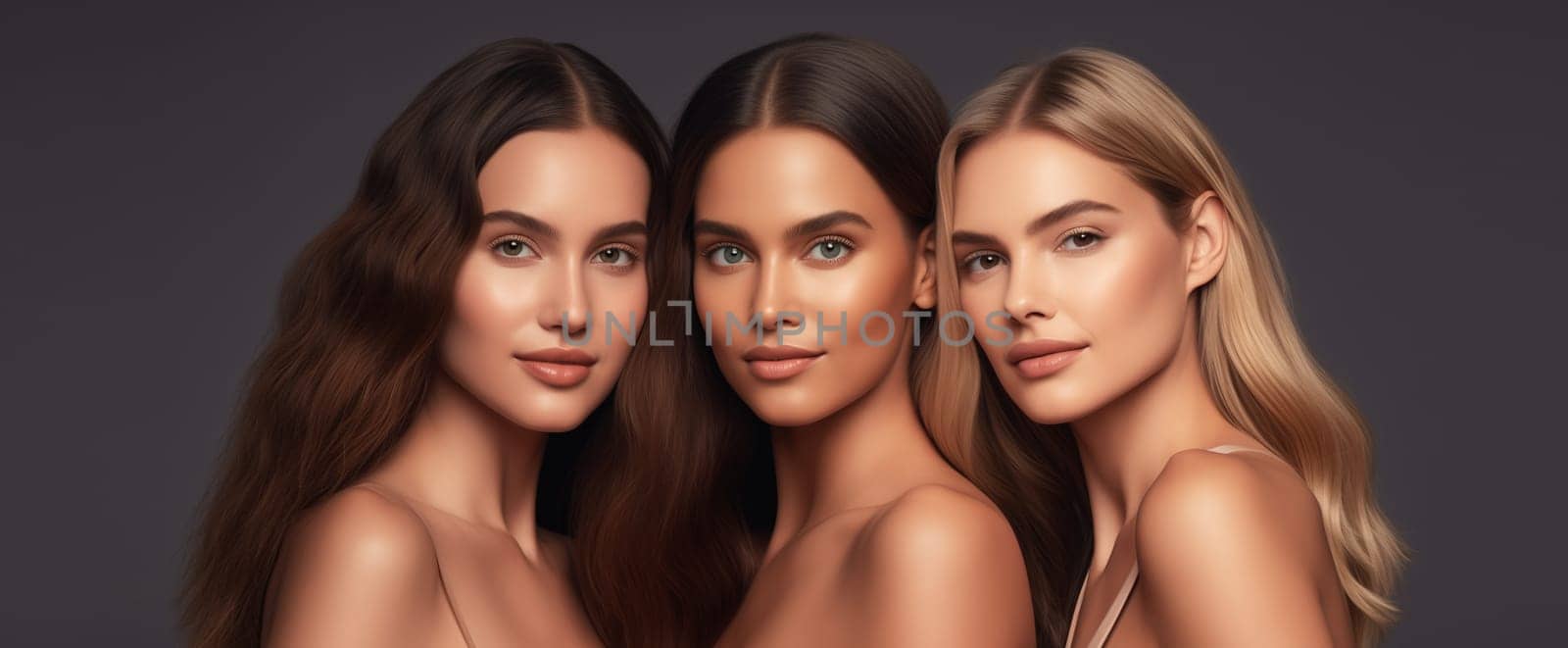 Beauty portrait of three diverse young women with clean healthy skin, beautiful lovely female models posing together on studio background