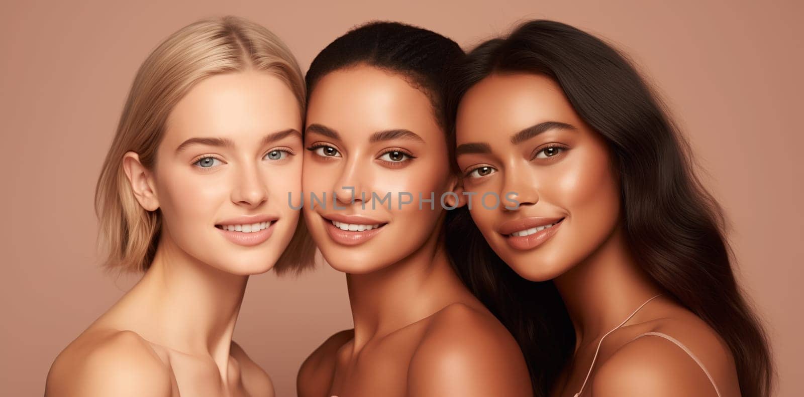 Beauty portrait of three diverse young women with clean healthy skin, beautiful lovely female models posing together on studio background