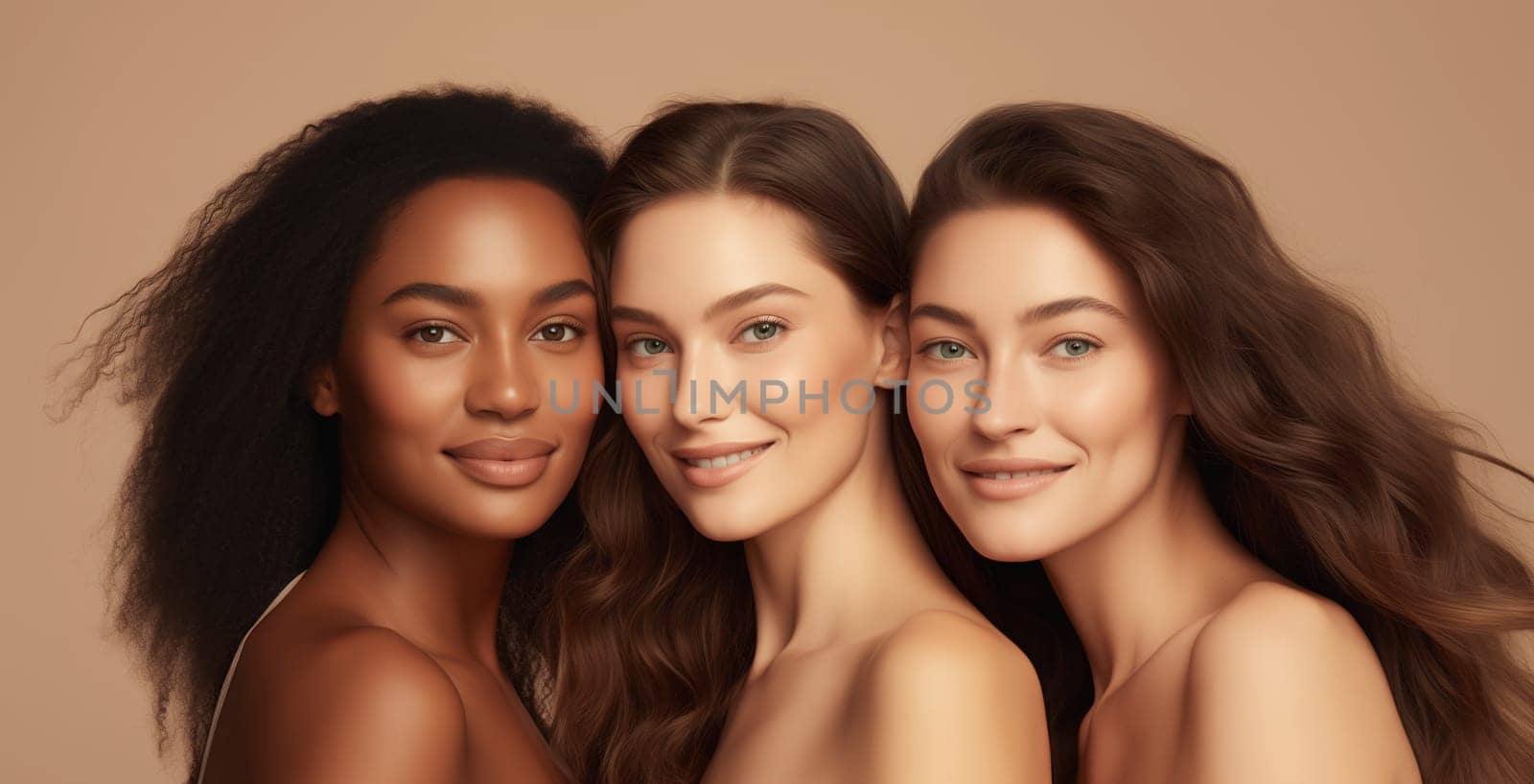 Beauty portrait of three multiethnic diverse young women with clean healthy skin, beautiful lovely female models posing together on studio background